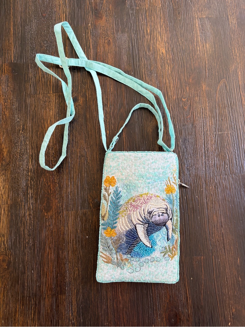 Bamboo Trading Company Mint Beaded Manatee Crossbody Wristlet